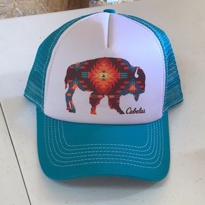 NWOT Cabela's Teal and White Trucker Hat with Buffalo Design